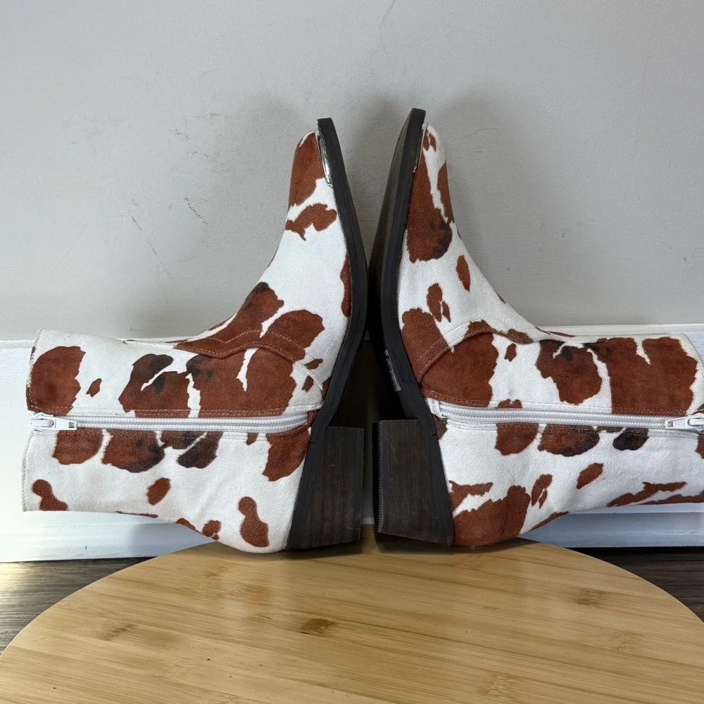 Good Arider Girl Cow Print Western Ankle Boots Women's 7 Brown White Zip Toe